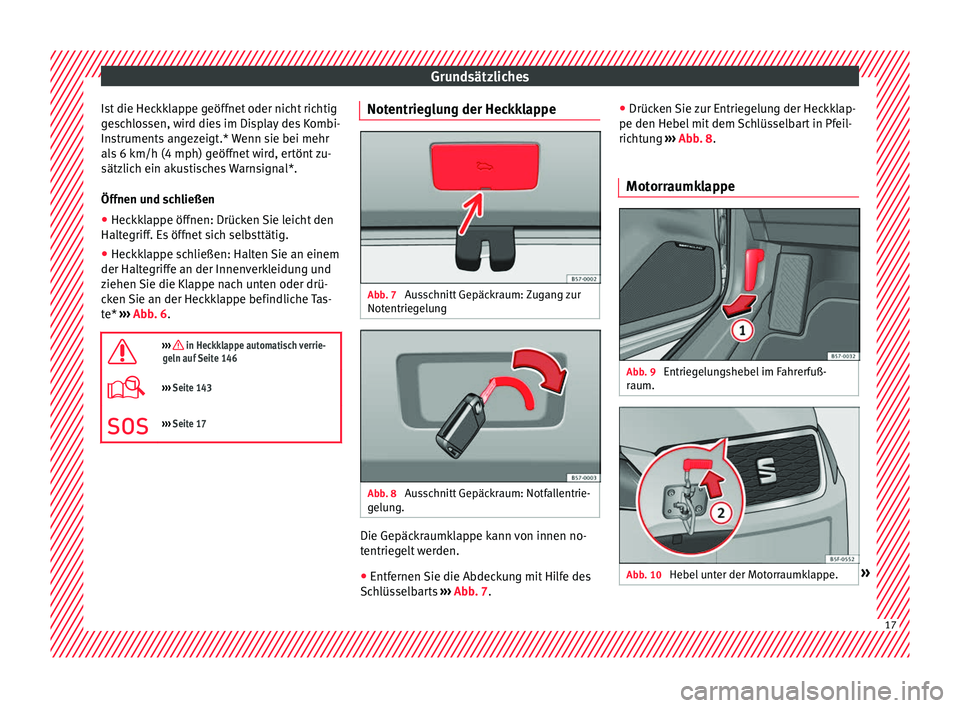 Seat Ateca 2017  Betriebsanleitung (in German) Grundsätzliches
Ist die Heckklappe geöffnet oder nicht richtig
g e
s
chlossen, wird dies im Display des Kombi-
Instruments angezeigt.* Wenn sie bei mehr
als 6 km/h (4 mph) geöffnet wird, ertönt zu