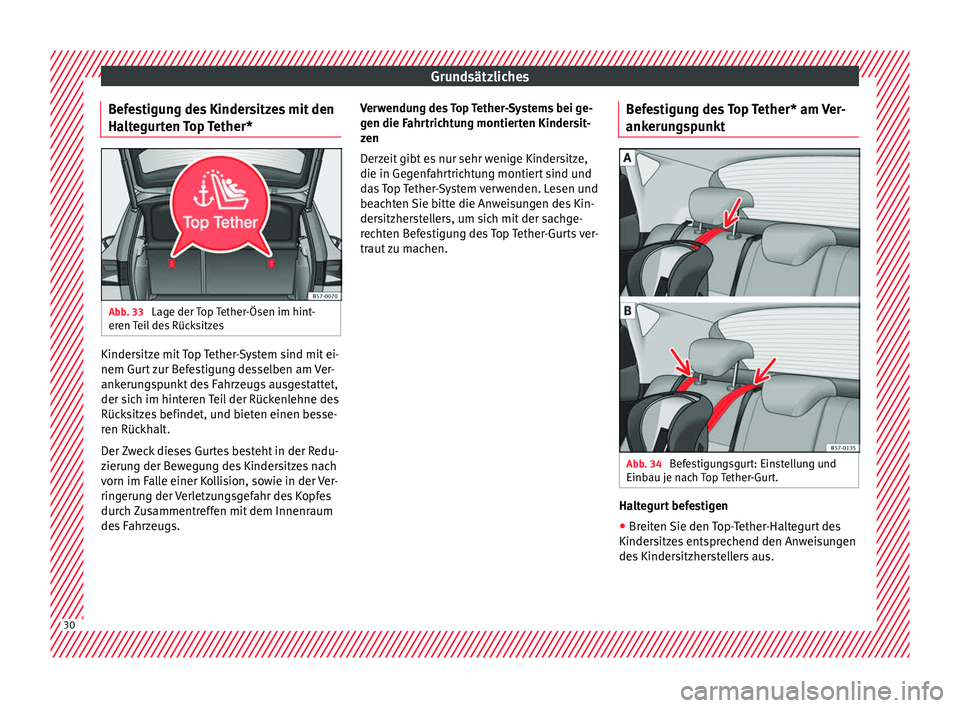 Seat Ateca 2017 Betriebsanleitung (in German) Grundsätzliches
Befestigung des Kindersitzes mit den
Ha lt
e
gurten Top Tether* Abb. 33
Lage der Top Tether-Ösen im hint-
er en
T
eil des Rücksitzes Kindersitze mit Top Tether-System sind mit ei Seat Ateca 2017 Betriebsanleitung (in German) Grundsätzliches
Befestigung des Kindersitzes mit den
Ha lt
e
gurten Top Tether* Abb. 33
Lage der Top Tether-Ösen im hint-
er en
T
eil des Rücksitzes Kindersitze mit Top Tether-System sind mit ei