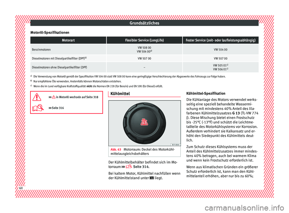 Seat Ateca 2017  Betriebsanleitung (in German) Grundsätzliches
Motoröl-SpezifikationenMotorartFlexibler Service (LongLife)Fester Service (zeit- oder laufleistungsabhängig)
BenzinmotorenVW 508 00
VW 504 00 a)VW 504 00
Dieselmotoren mit Dieselpar