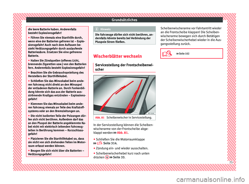 Seat Ateca 2017  Betriebsanleitung (in German) Grundsätzliches
die leere Batterie haben. Anderenfalls
bes
t
eht Explosionsgefahr!
● Führen Sie niemals eine Starthilfe durch,
wenn eine der Batt
 erien gefroren ist – Explo-
sionsgefahr! Auch n