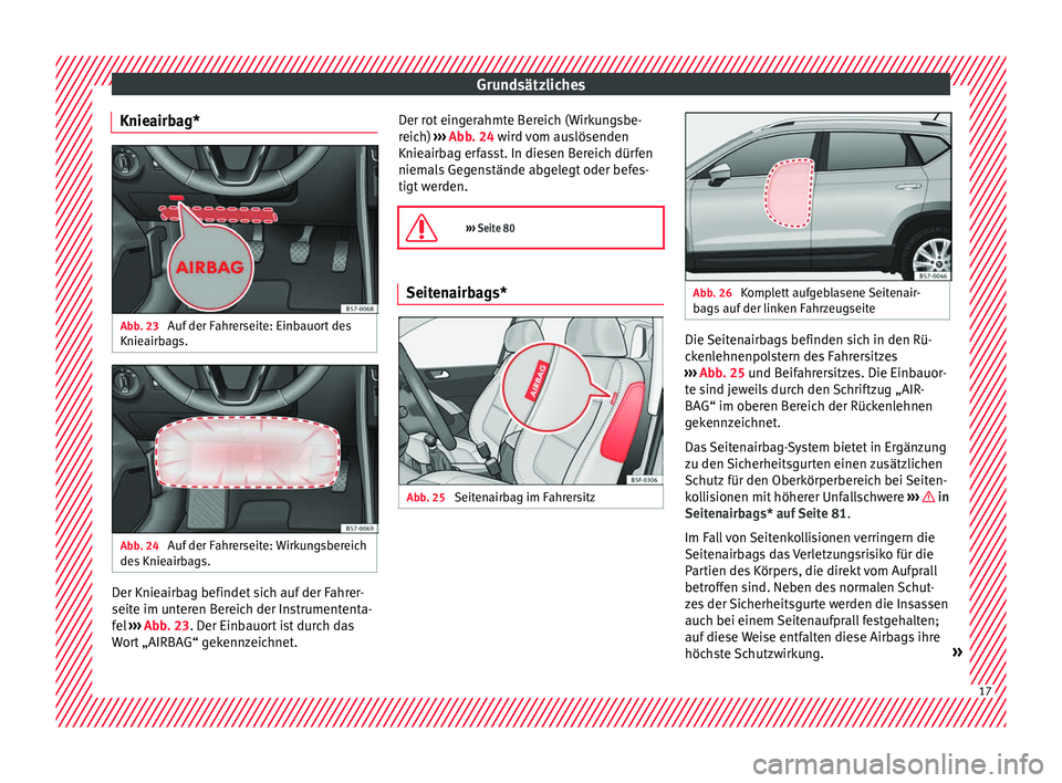 Seat Ateca 2016  Betriebsanleitung (in German) Grundsätzliches
Knieairbag* Abb. 23 
Auf der Fahrerseite: Einbauort des
Knie airb
ag
s. Abb. 24 
Auf der Fahrerseite: Wirkungsbereich
de s Knie

airbags. Der Knieairbag befindet sich auf der Fahrer-
