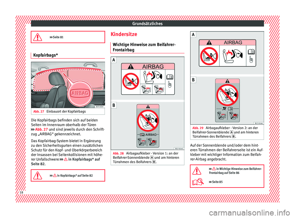 Seat Ateca 2016  Betriebsanleitung (in German) Grundsätzliches
›››  Seite 81 Kopfairbags*
Abb. 27 
Einbauort der Kopfairbags Die Kopfairbags befinden sich auf beiden
Seit
en im Innenr
aum o

berhalb der Türen
›››  Abb. 27 und sind