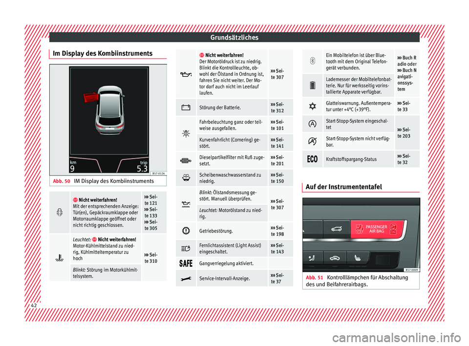 Seat Ateca 2016 Betriebsanleitung (in German) Grundsätzliches
Im Display des Kombiinstruments Abb. 50
IM Display des Kombiinstruments Nicht weiterfahren!
Mit der entsprechenden Anzeige:
Tür(en), Gepäckraumklappe oder
Motorraumklappe g Seat Ateca 2016 Betriebsanleitung (in German) Grundsätzliches
Im Display des Kombiinstruments Abb. 50
IM Display des Kombiinstruments Nicht weiterfahren!
Mit der entsprechenden Anzeige:
Tür(en), Gepäckraumklappe oder
Motorraumklappe g