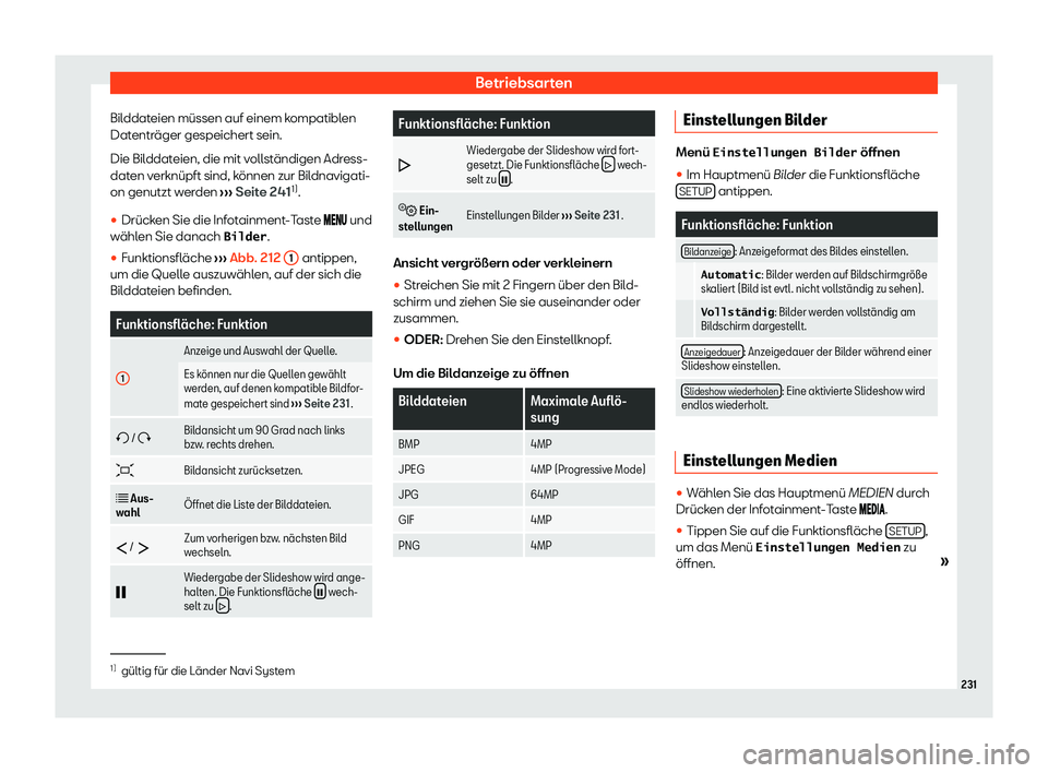 Seat Alhambra 2020  Betriebsanleitung (in German) Betriebsarten
Bilddateien müssen auf einem kompatiblen
Dat entr
äger gespeichert sein.
Die Bilddateien, die mit vollständigen Adress-
daten verknüpft sind, können zur Bildnavigati-
on genutzt wer