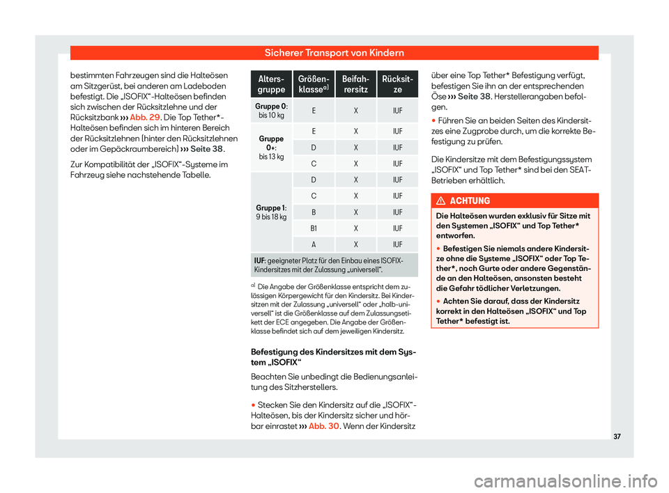 Seat Alhambra 2020  Betriebsanleitung (in German) Sicherer Transport von Kindern
bestimmten Fahrzeugen sind die Halteösen
am Sitz gerüst, bei ander
en am Ladeboden
befestigt. Die „ISOFIX“-Halteösen befinden
sich zwischen der Rücksitzlehne und