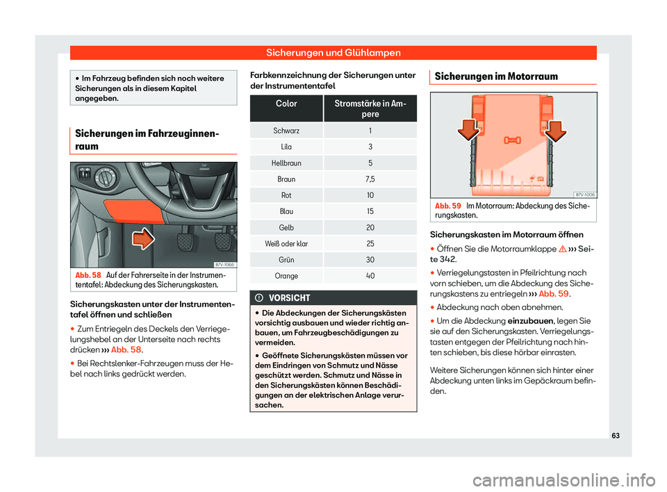 Seat Alhambra 2020  Betriebsanleitung (in German) Sicherungen und Glühlampen
