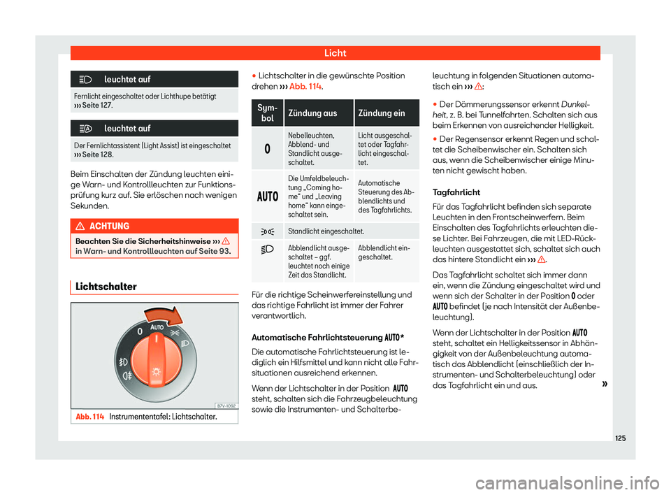 Seat Alhambra 2019  Betriebsanleitung (in German) Licht
�
leuchtet auf
Fernlicht eingeschaltet oder Lichthupe bet