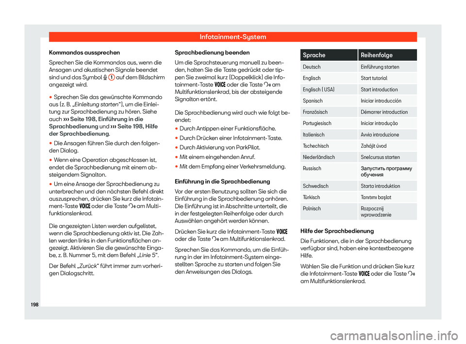 Seat Alhambra 2019  Betriebsanleitung (in German) Infotainment-System
Kommandos aussprechen
Spr echen Sie die K
ommandos aus, wenn die
Ansagen und akustischen Signale beendet
sind und das Symbol �  1  auf dem Bildschirm
ange z

eigt wird.
