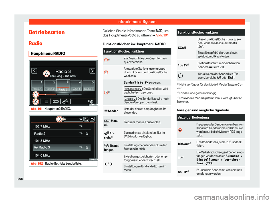 Seat Alhambra 2019  Betriebsanleitung (in German) Infotainment-System
Betriebsarten R adio
Hauptmen