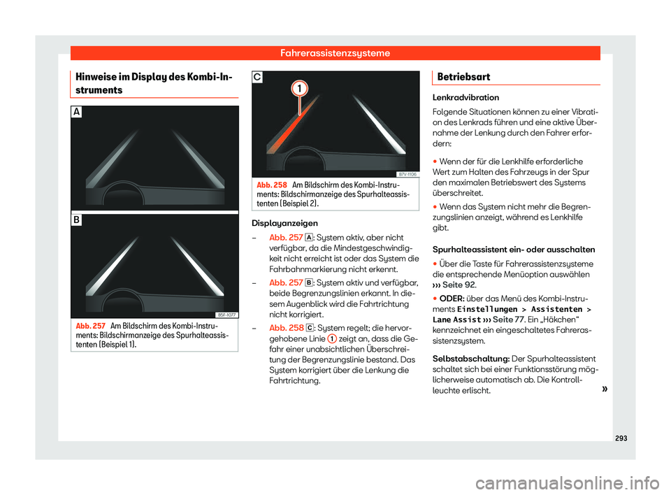 Seat Alhambra 2019  Betriebsanleitung (in German) Fahrerassistenzsysteme
Hinweise im Display des Kombi-In-
struments Abb. 257 
Am Bildschirm des Kombi-Instru-
ments: Bil dschirmanz
eige des Spurhalteassis-
tenten (Beispiel 1). Abb. 258 
Am Bildschirm