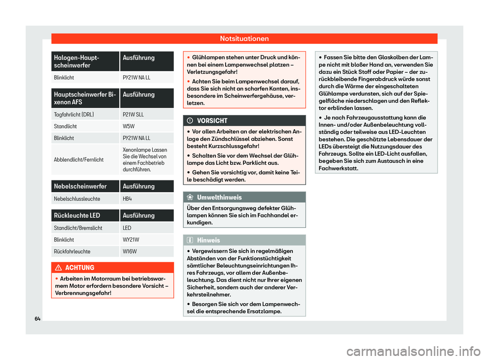 Seat Alhambra 2019  Betriebsanleitung (in German) Notsituationen
Halogen-Haupt-
scheinw
erf
er Ausf