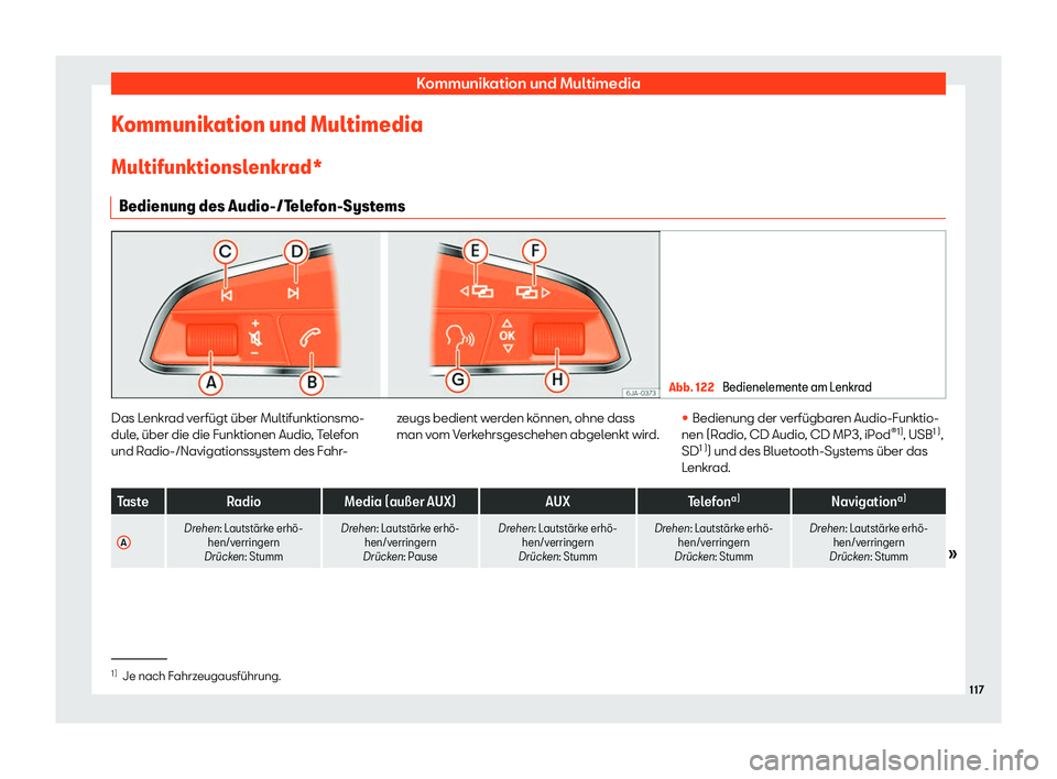 Seat Alhambra 2018  Betriebsanleitung (in German) Kommunikation und Multimedia
Kommunikation und Multimedia
Multifunktionsl enkr
ad*
Bedienung des Audio-/T
elefon-Systems Abb. 122 
Bedienelemente am Lenkrad Das Lenkrad verf