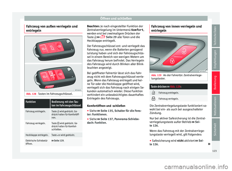 Seat Alhambra 2017 Betriebsanleitung (in German) Öffnen und schließen
Fahrzeug von außen verriegeln und
entrie g
eln Abb. 128
Tasten im Fahrzeugschlüssel.FunktionBedienung mit den Tas-
ten im Fahrzeugschlüssel
Fahrzeug entriegeln.Taste wir Seat Alhambra 2017 Betriebsanleitung (in German) Öffnen und schließen
Fahrzeug von außen verriegeln und
entrie g
eln Abb. 128
Tasten im Fahrzeugschlüssel.FunktionBedienung mit den Tas-
ten im Fahrzeugschlüssel
Fahrzeug entriegeln.Taste wir