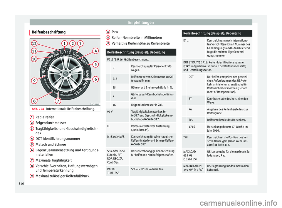 Seat Alhambra 2017 Betriebsanleitung (in German) Empfehlungen
Reifenbeschriftung Abb. 254
Internationale Reifenbeschriftung. Radialreifen
F
el
g
endurchmesser
Tragfähigkeits- und Geschwindigkeitsin-
dex
DOT-Identifizierungsnummer
Matsch und Schnee Seat Alhambra 2017 Betriebsanleitung (in German) Empfehlungen
Reifenbeschriftung Abb. 254
Internationale Reifenbeschriftung. Radialreifen
F
el
g
endurchmesser
Tragfähigkeits- und Geschwindigkeitsin-
dex
DOT-Identifizierungsnummer
Matsch und Schnee