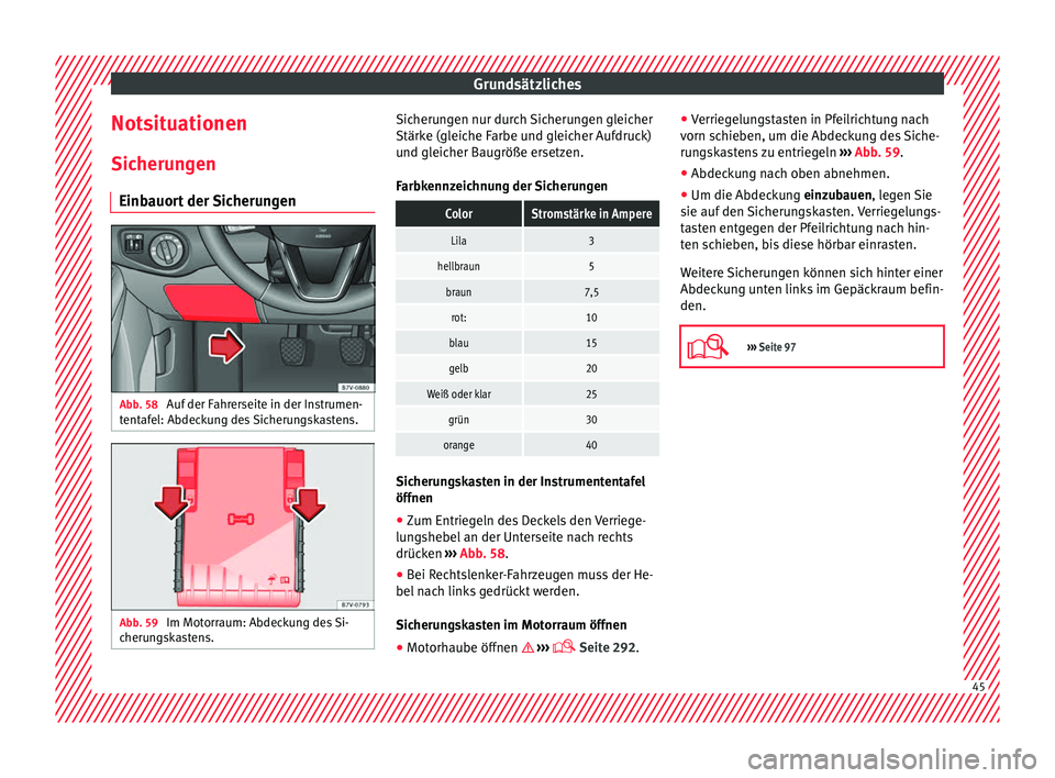 Seat Alhambra 2017  Betriebsanleitung (in German) Grundsätzliches
Notsituationen Sic heru
n
gen
Einbauort der Sicherungen Abb. 58 
Auf der Fahrerseite in der Instrumen-
t ent
af

el: Abdeckung des Sicherungskastens. Abb. 59 
Im Motorraum: Abdeckung 