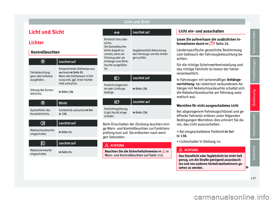 Seat Alhambra 2016  Betriebsanleitung (in German) Licht und Sicht
Licht und Sicht
Lic ht
er
K
ontrollleuchten 
Leuchtet auf
Fahrbeleuchtung
ganz oder teilweise
ausgefallen.Entsprechende Glühlampe aus-
wechseln 
››› Seite 95.
Wenn alle Glüh