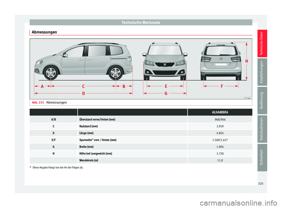 Seat Alhambra 2016  Betriebsanleitung (in German) Technische Merkmale
Abmessungen Abb. 255 
Abmessungen  ALHAMBRA
A/BÜberstand vorne/hinten (mm)968/966
CRadstand (mm)2.919
DLänge (mm)4.854
E/FSpurweitea)
 vorn / hinten (mm)1.569/1.617
GBreite (mm)1