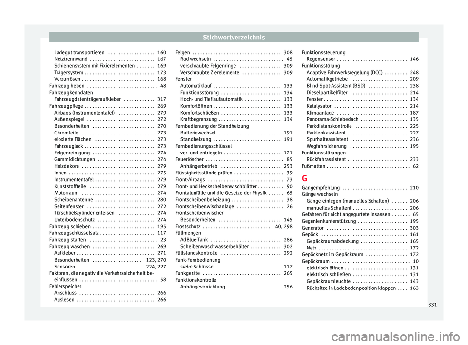 Seat Alhambra 2016 Betriebsanleitung (in German) Stichwortverzeichnis
Ladegut transportieren . . . . . . . . . . . . . . . . . . 160
Netz tr
enn
wand . . . . . . . . . . . . . . . . . . . . . . . . . 167
Schienensystem mit Fixierelementen . . . . Seat Alhambra 2016 Betriebsanleitung (in German) Stichwortverzeichnis
Ladegut transportieren . . . . . . . . . . . . . . . . . . 160
Netz tr
enn
wand . . . . . . . . . . . . . . . . . . . . . . . . . 167
Schienensystem mit Fixierelementen . . . .