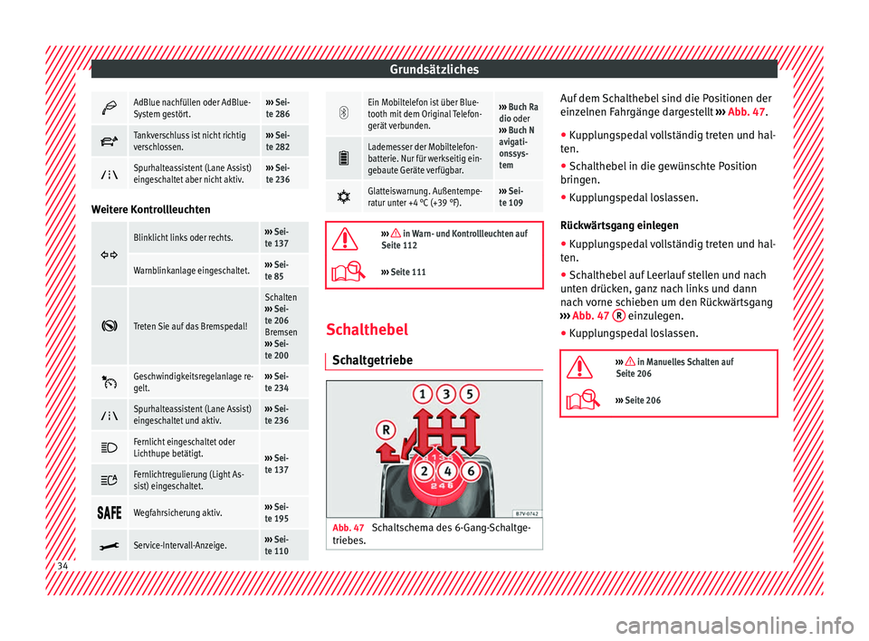 Seat Alhambra 2016  Betriebsanleitung (in German) Grundsätzliches
AdBlue nachfüllen oder AdBlue-
System gestört.››› 
Sei-
te 286 
Tankverschluss ist nicht richtig
verschlossen.››› 
Sei-
te 282 
Spurhalteassistent (Lane Assist)