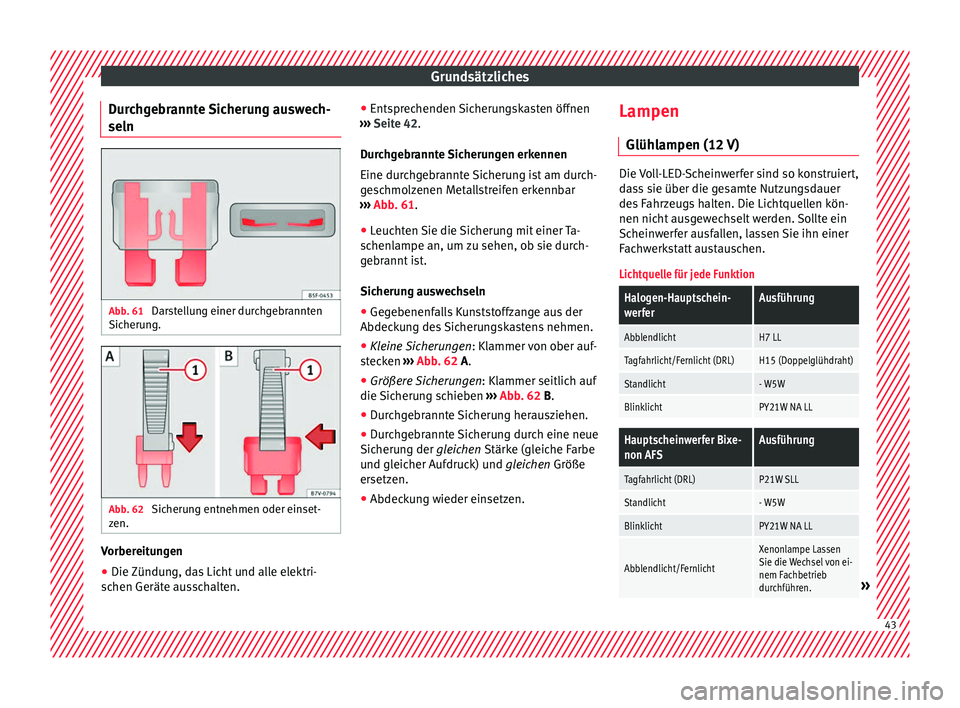 Seat Alhambra 2016 Betriebsanleitung (in German) Grundsätzliches
Durchgebrannte Sicherung auswech-
seln Abb. 61
Darstellung einer durchgebrannten
Sic heru
n
g. Abb. 62
Sicherung entnehmen oder einset-
z en. Vorbereitungen
● Die Zündung, das Li Seat Alhambra 2016 Betriebsanleitung (in German) Grundsätzliches
Durchgebrannte Sicherung auswech-
seln Abb. 61
Darstellung einer durchgebrannten
Sic heru
n
g. Abb. 62
Sicherung entnehmen oder einset-
z en. Vorbereitungen
● Die Zündung, das Li
