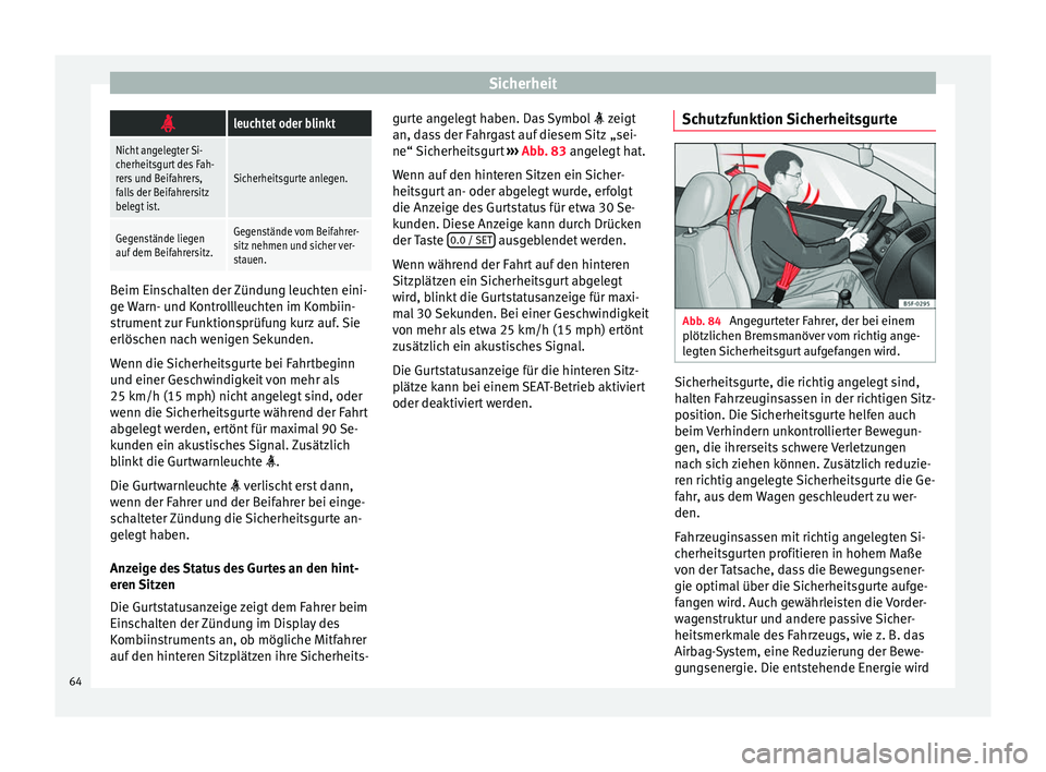 Seat Alhambra 2016 Betriebsanleitung (in German) Sicherheit
leuchtet oder blinkt
Nicht angelegter Si-
cherheitsgurt des Fah-
rers und Beifahrers,
falls der Beifahrersitz
belegt ist.
Sicherheitsgurte anlegen.
Gegenstände liegen
auf dem Beifahrers Seat Alhambra 2016 Betriebsanleitung (in German) Sicherheit
leuchtet oder blinkt
Nicht angelegter Si-
cherheitsgurt des Fah-
rers und Beifahrers,
falls der Beifahrersitz
belegt ist.
Sicherheitsgurte anlegen.
Gegenstände liegen
auf dem Beifahrers