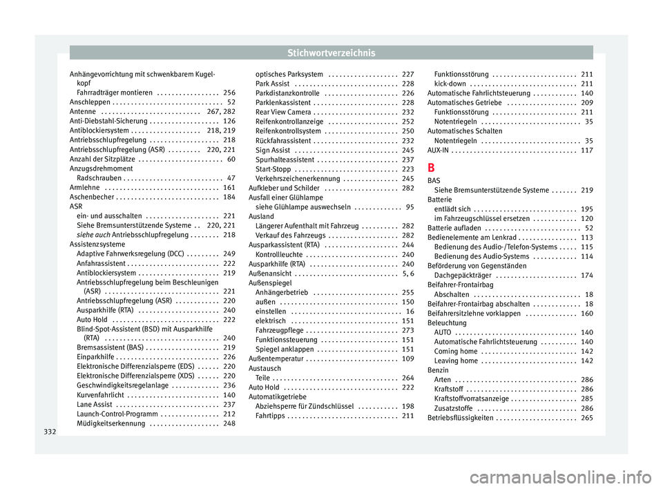 Seat Alhambra 2015 Betriebsanleitung (in German) Stichwortverzeichnis
Anhängevorrichtung mit schwenkbarem Kugel- kopf
F ahrr
adträger montieren . . . . . . . . . . . . . . . . . 256
Anschleppen . . . . . . . . . . . . . . . . . . . . . . . . . . Seat Alhambra 2015 Betriebsanleitung (in German) Stichwortverzeichnis
Anhängevorrichtung mit schwenkbarem Kugel- kopf
F ahrr
adträger montieren . . . . . . . . . . . . . . . . . 256
Anschleppen . . . . . . . . . . . . . . . . . . . . . . . . . .