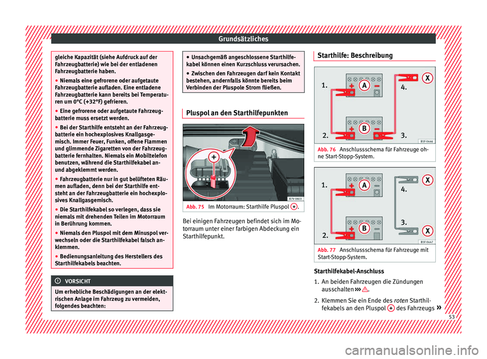 Seat Alhambra 2015 Betriebsanleitung (in German) Grundsätzliches
gleiche Kapazität (siehe Aufdruck auf der
Fahr
z
eugbatterie) wie bei der entladenen
Fahrzeugbatterie haben.
● Niemals eine gefrorene oder aufgetaute
Fahrz
eugbatterie aufladen. E Seat Alhambra 2015 Betriebsanleitung (in German) Grundsätzliches
gleiche Kapazität (siehe Aufdruck auf der
Fahr
z
eugbatterie) wie bei der entladenen
Fahrzeugbatterie haben.
● Niemals eine gefrorene oder aufgetaute
Fahrz
eugbatterie aufladen. E