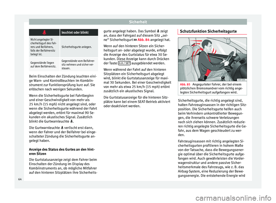 Seat Alhambra 2015 Betriebsanleitung (in German) Sicherheit
leuchtet oder blinkt
Nicht angelegter Si-
cherheitsgurt des Fah-
rers und Beifahrers,
falls der Beifahrersitz
belegt ist.
Sicherheitsgurte anlegen.
Gegenstände liegen
auf dem Beifahrers Seat Alhambra 2015 Betriebsanleitung (in German) Sicherheit
leuchtet oder blinkt
Nicht angelegter Si-
cherheitsgurt des Fah-
rers und Beifahrers,
falls der Beifahrersitz
belegt ist.
Sicherheitsgurte anlegen.
Gegenstände liegen
auf dem Beifahrers