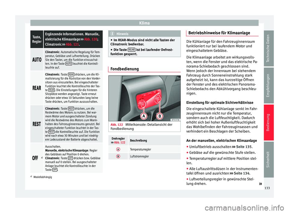 Seat Alhambra 2009 Betriebsanleitung (in German) KlimaTaste,
ReglerErgänzende Informationen. Manuelle,
elektrische Klimaanlage ››› Abb. 120;
Climatronic ››› Abb. 121.
Climatronic: Automatische Regelung für Tem-
peratur, Seat Alhambra 2009 Betriebsanleitung (in German) KlimaTaste,
ReglerErgänzende Informationen. Manuelle,
elektrische Klimaanlage ››› Abb. 120;
Climatronic ››› Abb. 121.
Climatronic: Automatische Regelung für Tem-
peratur,