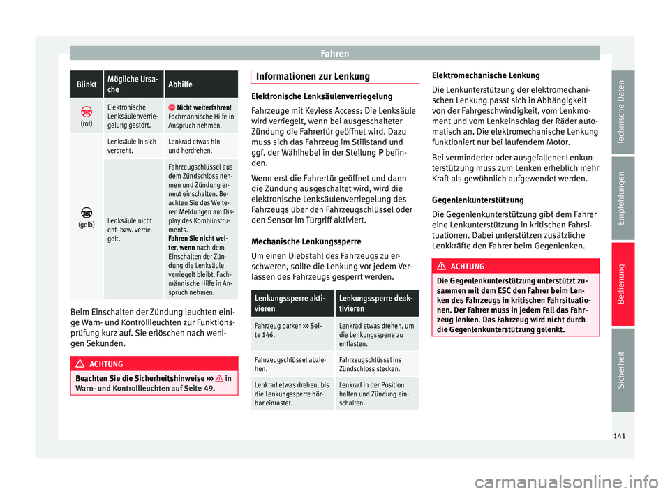 Seat Alhambra 2014  Betriebsanleitung (in German) FahrenBlinktMögliche Ursa-
cheAbhilfe

(rot)
Elektronische
Lenksäulenverrie-
gelung gestört.  Nicht weiterfahren!
Fachmännische Hilfe in
Anspruch nehmen. 
(gelb)
Lenksäule in sich
verdre