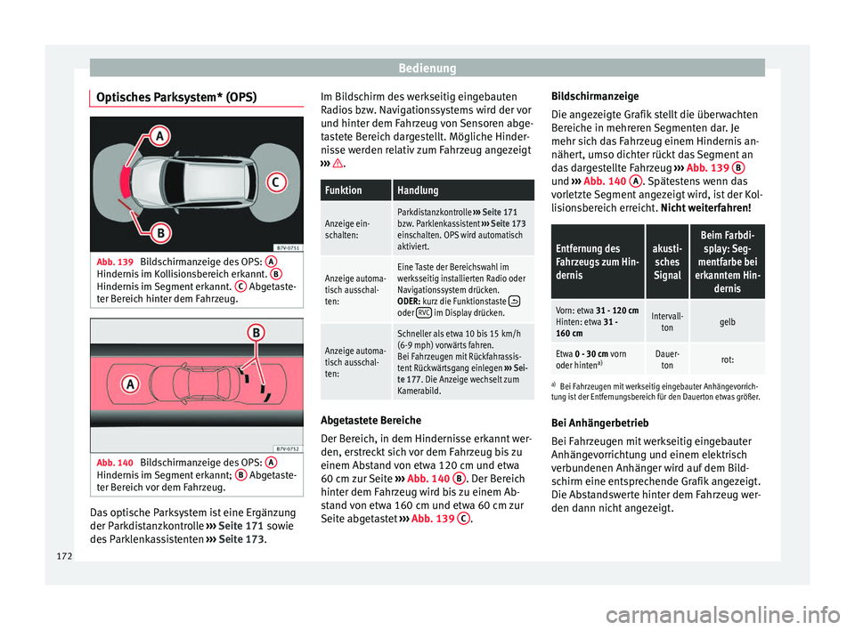 Seat Alhambra 2013  Betriebsanleitung (in German) Bedienung
Optisches Parksystem* (OPS) Abb. 139 
Bildschirmanzeige des OPS:  AHindernis im Kollisionsbereich erkannt. 
BHindernis im Segment erkannt. 
C  Abgetaste-
ter Bereich hinter dem Fahrzeug. Abb