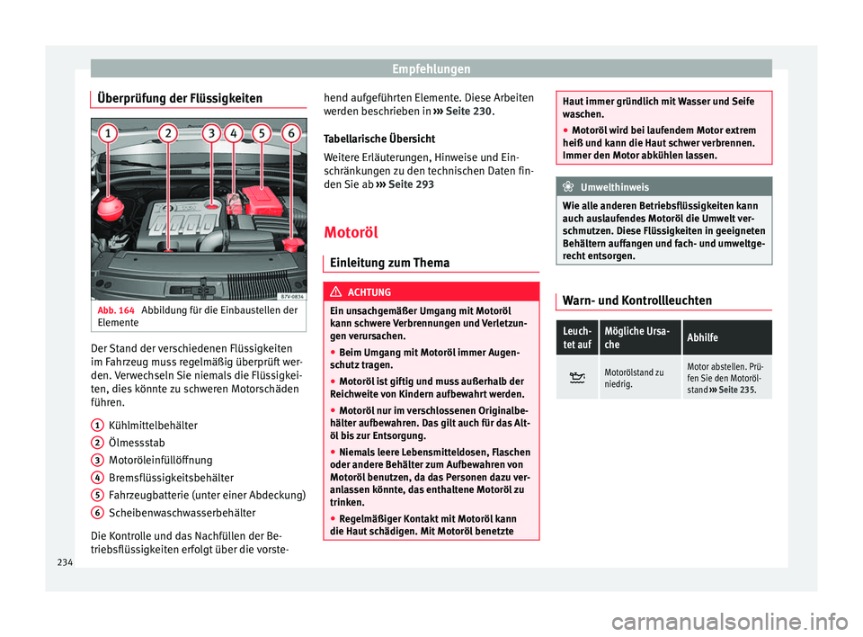 Seat Alhambra 2010  Betriebsanleitung (in German) Empfehlungen
Überprüfung der Flüssigkeiten Abb. 164 
Abbildung für die Einbaustellen der
Elemente Der Stand der verschiedenen Flüssigkeiten
im Fahrzeug muss regelmäßig überprüft wer-
den. Ver