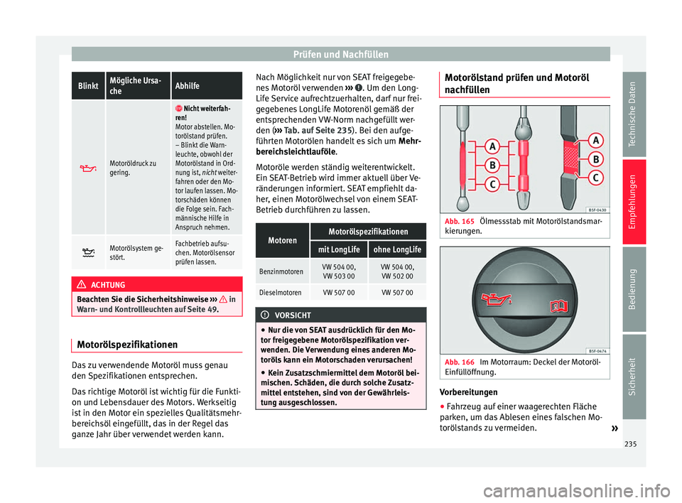 Seat Alhambra 2010  Betriebsanleitung (in German) Prüfen und NachfüllenBlinktMögliche Ursa-
cheAbhilfe

Motoröldruck zu
gering. 
 Nicht weiterfah-
ren!
Motor abstellen. Mo-
torölstand prüfen.
– Blinkt die Warn-
leuchte, obwohl der
Motor