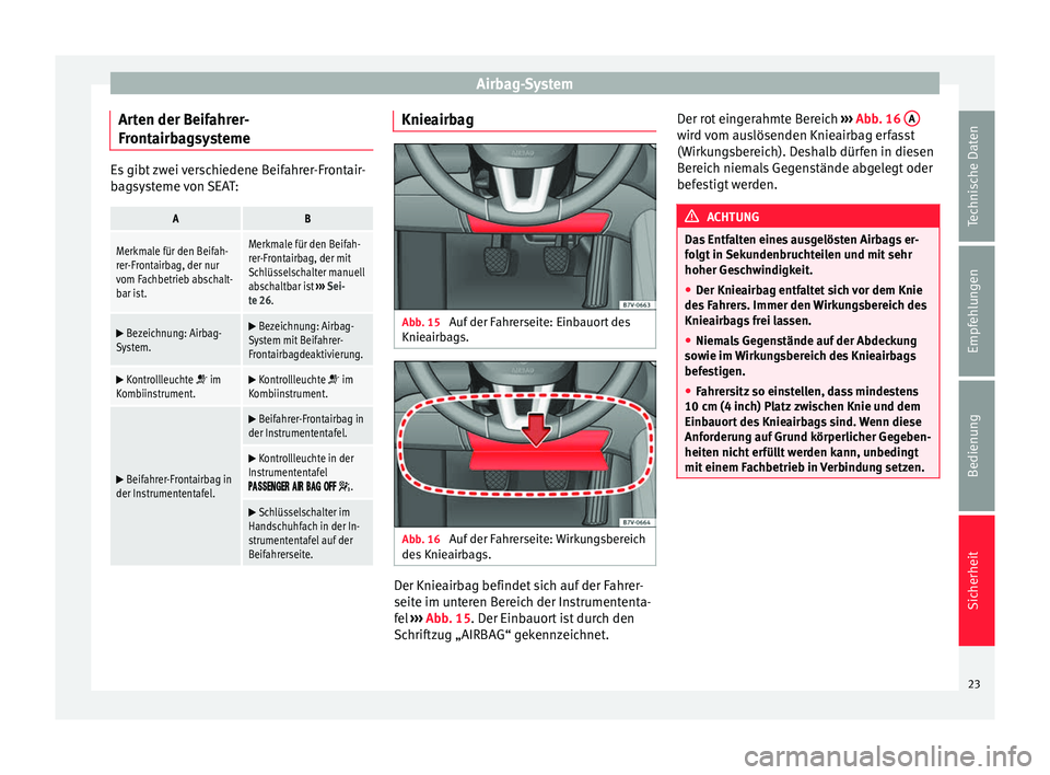 Seat Alhambra 2011 Betriebsanleitung (in German) Airbag-System
Arten der Beifahrer-
Frontairbagsysteme Es gibt zwei verschiedene Beifahrer-Frontair-
bagsysteme von SEAT:AB
Merkmale für den Beifah-
rer-Frontairbag, der nur
vom Fachbetrieb abschalt-
Seat Alhambra 2011 Betriebsanleitung (in German) Airbag-System
Arten der Beifahrer-
Frontairbagsysteme Es gibt zwei verschiedene Beifahrer-Frontair-
bagsysteme von SEAT:AB
Merkmale für den Beifah-
rer-Frontairbag, der nur
vom Fachbetrieb abschalt-
