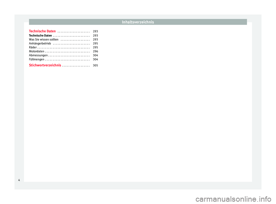 Seat Alhambra 2013  Betriebsanleitung (in German) Inhaltsverzeichnis
Technische Daten  . . . . . . . . . . . . . . . . . . . . . 293
Technische Daten  . . . . . . . . . . . . . . . . . . . . . . . . 293
Was Sie wissen sollten  . . . . . . . . . . . .