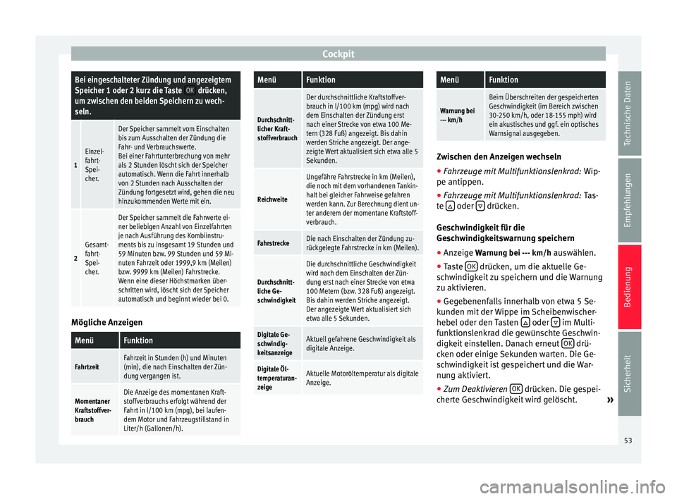 Seat Alhambra 2013  Betriebsanleitung (in German) CockpitBei eingeschalteter Zündung und angezeigtem
Speicher 1 oder 2 kurz die Taste 
OK drücken,
um zwischen den beiden Speichern zu wech-
seln.
1
Einzel-
fahrt-
Spei-
cher.
Der Speicher sammelt vom