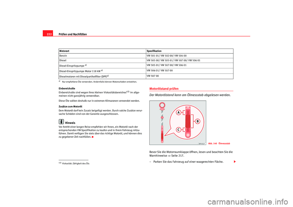 Seat Alhambra 2007 Betriebsanleitung (in German) Prüfen und Nachfüllen
222Einbereichsöle
Einbereichsöle sind wegen ihre s kleinen Viskositätsbereiches
43) im allge-
meinen nicht ganzjährig verwendbar.
Diese Öle sollten deshalb nur in extremen Seat Alhambra 2007 Betriebsanleitung (in German) Prüfen und Nachfüllen
222Einbereichsöle
Einbereichsöle sind wegen ihre s kleinen Viskositätsbereiches
43) im allge-
meinen nicht ganzjährig verwendbar.
Diese Öle sollten deshalb nur in extremen