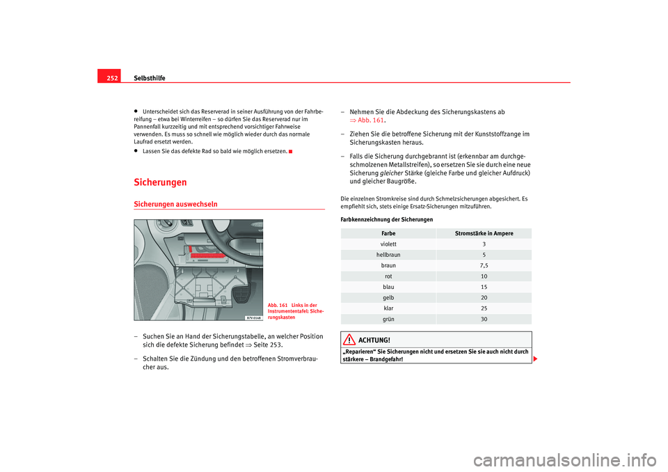 Seat Alhambra 2007 Betriebsanleitung (in German) Selbsthilfe
252•
Unterscheidet sich das Reserverad in seiner Ausführung von der Fahrbe-
reifung – etwa bei Winterreifen – so dürfen Sie das Reserverad nur im
Pannenfall kurzzeitig und mit en Seat Alhambra 2007 Betriebsanleitung (in German) Selbsthilfe
252•
Unterscheidet sich das Reserverad in seiner Ausführung von der Fahrbe-
reifung – etwa bei Winterreifen – so dürfen Sie das Reserverad nur im
Pannenfall kurzzeitig und mit en