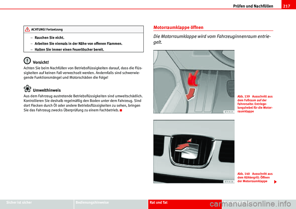 Seat Alhambra 2006 Betriebsanleitung (in German) Prüfen und Nachfüllen217
Sicher ist sicherBedienungshinweiseRat und TatTechnische Daten −Rauchen Sie nicht.
−Arbeiten Sie niemals in der Nähe von offenen Flammen.
−Halten Sie immer einen Feue Seat Alhambra 2006 Betriebsanleitung (in German) Prüfen und Nachfüllen217
Sicher ist sicherBedienungshinweiseRat und TatTechnische Daten −Rauchen Sie nicht.
−Arbeiten Sie niemals in der Nähe von offenen Flammen.
−Halten Sie immer einen Feue