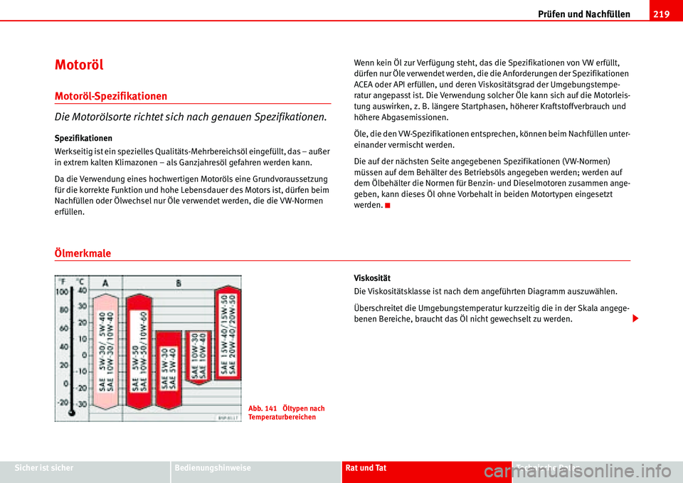 Seat Alhambra 2006  Betriebsanleitung (in German) Prüfen und Nachfüllen219
Sicher ist sicherBedienungshinweiseRat und TatTechnische Daten
Motoröl
Motoröl-Spezifikationen
Die Motorölsorte richtet sich nach genauen Spezifikationen.
Spezifikationen