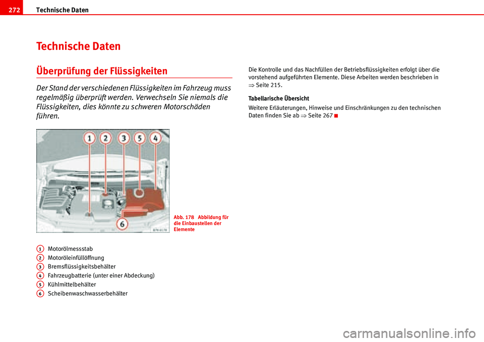 Seat Alhambra 2006 Betriebsanleitung (in German) Technische Daten 272
Technische Daten
Überprüfung der Flüssigkeiten
Der Stand der verschiedenen Flüssigkeiten im Fahrzeug muss
regelmäßig überprüft werden. Verwechseln Sie niemals die
Flüss Seat Alhambra 2006 Betriebsanleitung (in German) Technische Daten 272
Technische Daten
Überprüfung der Flüssigkeiten
Der Stand der verschiedenen Flüssigkeiten im Fahrzeug muss
regelmäßig überprüft werden. Verwechseln Sie niemals die
Flüss
