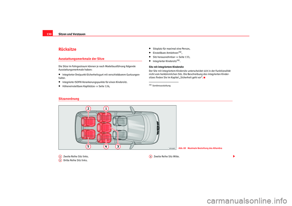 Seat Alhambra 2005 Betriebsanleitung (in German) Sitzen und Verstauen
130RücksitzeAusstattungsmerkmale der Sitze Die Sitze im Fahrgastraum können je nach Modellausführung folgende
Ausstattungsmerkmale haben:•
Integrierter Dreipunkt-Sicherheit Seat Alhambra 2005 Betriebsanleitung (in German) Sitzen und Verstauen
130RücksitzeAusstattungsmerkmale der Sitze Die Sitze im Fahrgastraum können je nach Modellausführung folgende
Ausstattungsmerkmale haben:•
Integrierter Dreipunkt-Sicherheit