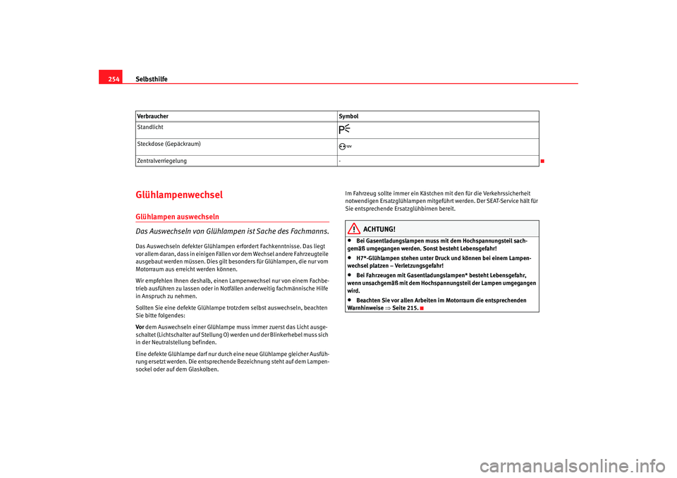 Seat Alhambra 2005 Betriebsanleitung (in German) Selbsthilfe
254GlühlampenwechselGlühlampen auswechseln
Das Auswechseln von Glühlampen ist Sache des Fachmanns.Das Auswechseln defekter Glühlampen erfordert Fachkenntnisse. Das liegt
vor allem dar Seat Alhambra 2005 Betriebsanleitung (in German) Selbsthilfe
254GlühlampenwechselGlühlampen auswechseln
Das Auswechseln von Glühlampen ist Sache des Fachmanns.Das Auswechseln defekter Glühlampen erfordert Fachkenntnisse. Das liegt
vor allem dar