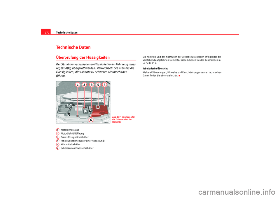 Seat Alhambra 2005 Betriebsanleitung (in German) Technische Daten
272Technische DatenÜberprüfung der FlüssigkeitenDer Stand der verschiedenen Flüssigkeiten im Fahrzeug muss
regelmäßig überprüft werden. Verwechseln Sie niemals die
Flüssigk Seat Alhambra 2005 Betriebsanleitung (in German) Technische Daten
272Technische DatenÜberprüfung der FlüssigkeitenDer Stand der verschiedenen Flüssigkeiten im Fahrzeug muss
regelmäßig überprüft werden. Verwechseln Sie niemals die
Flüssigk