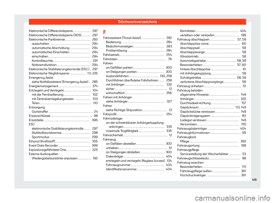 Seat Tarraco 2020 Betriebsanleitung (in German) Stichwortverzeichnis
Elektronische Differenzialsperre . . . . . . . . . . . . . 297
El ektr
onische Differenzialsperre (XDS) . . . . . . 297
Elektronische Parkbremse . . . . . . . . . . . . . . . . . Seat Tarraco 2020 Betriebsanleitung (in German) Stichwortverzeichnis
Elektronische Differenzialsperre . . . . . . . . . . . . . 297
El ektr
onische Differenzialsperre (XDS) . . . . . . 297
Elektronische Parkbremse . . . . . . . . . . . . . . . . .