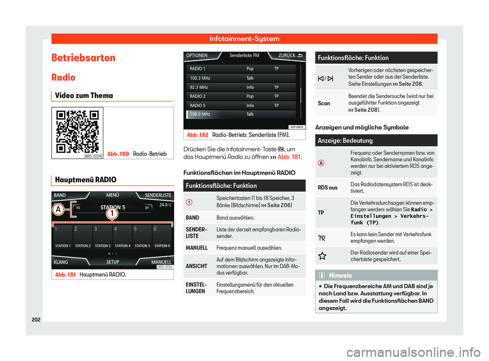 Seat Tarraco 2019  Betriebsanleitung (in German) Infotainment-System
Betriebsarten R adio
Video zum Thema Abb. 180 
Radio-Betrieb Hauptmen