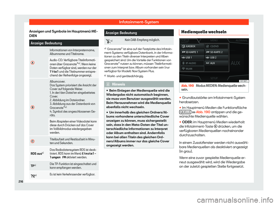 Seat Tarraco 2019  Betriebsanleitung (in German) Infotainment-System
Anzeigen und Symbole im Hauptmenü ME-
DIEN Anzeige: Bedeutung
A Informationen von Interpretenname,
Albumname und Titelname.
Audio-CD: Verf