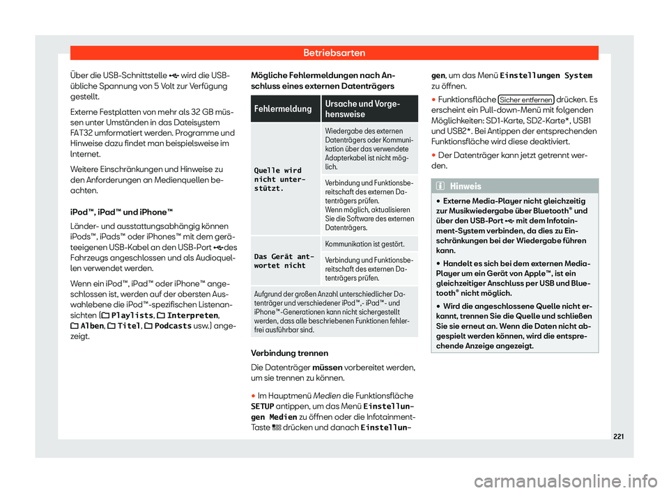 Seat Tarraco 2019  Betriebsanleitung (in German) Betriebsarten
Über die USB-Schnittstelle � wir d die USB-
übliche Spannung v on 5 Volt zur V
erfügung
gest ellt.
Ext erne F estpl
atten von mehr als 32 GB müs-
sen unter Umständen in das Datei