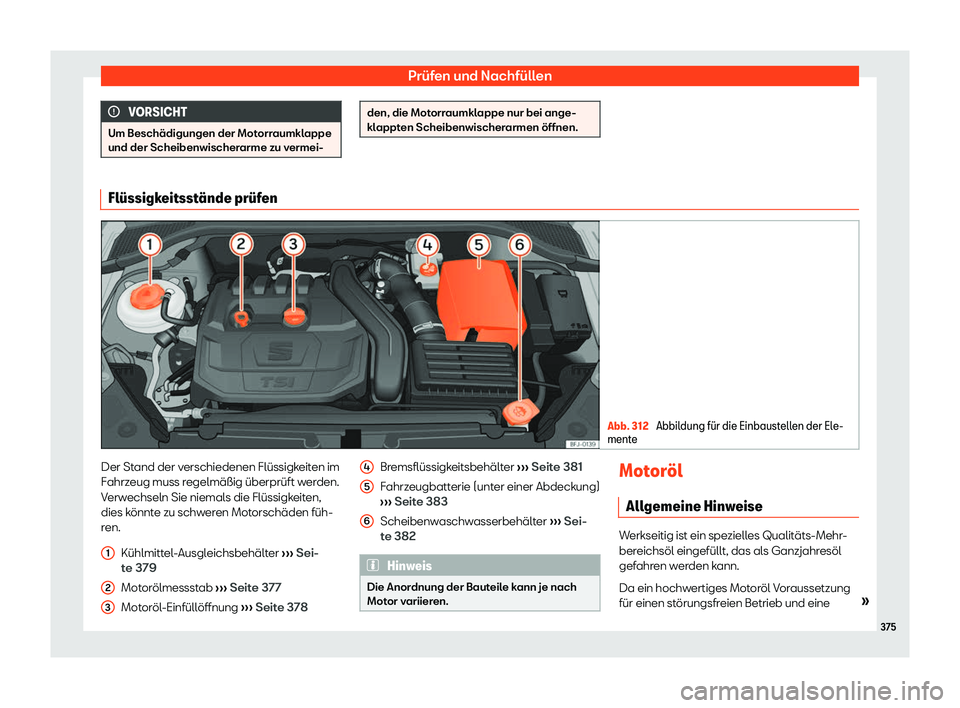 Seat Tarraco 2019  Betriebsanleitung (in German) Prüfen und Nachfüllen
VORSICHT
Um Beschädigungen der Motorraumklappe
und der Scheibenwischerarme zu vermei- den, die Motorraumklappe nur bei ange-
klappten Scheibenwischerarmen öffnen.
Fl