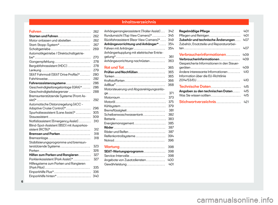 Seat Tarraco 2019  Betriebsanleitung (in German) Inhaltsverzeichnis
Fahren . . . . . . . . . . . . . . . . . . . . . . . . . . . . . . . . . . . . 262
Starten und Fahren . . . . . . . . . . . . . . . . . . . . . . . . 262
Motor anlassen und abstelle
